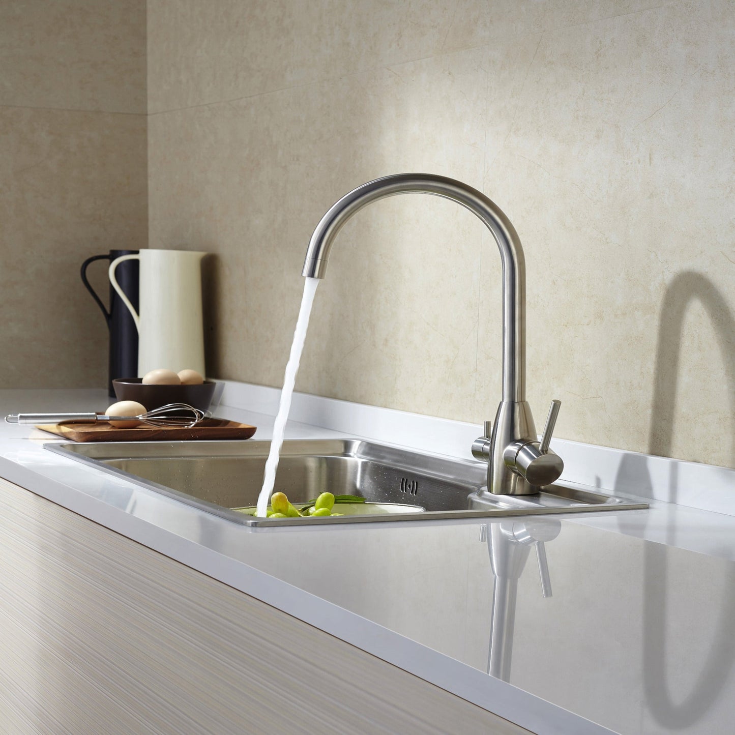 3-Way Stainless Steel Filtered Tap - Gooseneck dispensing water in kitchen